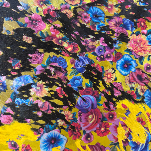 Dyed Yellow Calf Skin with Floral Pattern Acid Washed Size: 42x31" Z-067