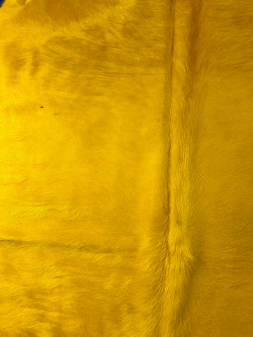 Dyed Yellow Cowhide Rug (longish hair) Size: 7x6.5 feet D-217