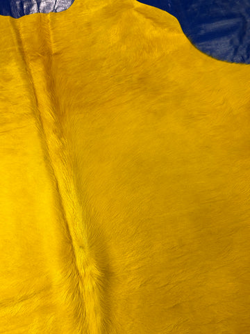 Dyed Yellow Cowhide Rug (longish hair) Size: 7x6.5 feet D-217