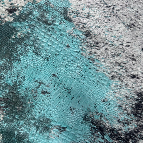 Black and White Cowhide Rug with Acid Washed Turquoise Dyed and Crocodile Embossing Size: 7x7 feet Z-207