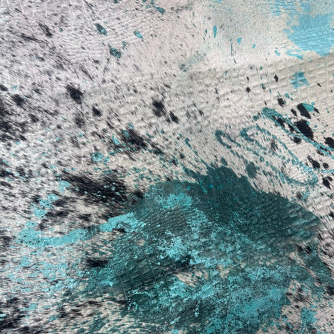 Black and White Cowhide Rug with Acid Washed Turquoise Dyed and Crocodile Embossing Size: 7x7 feet Z-207