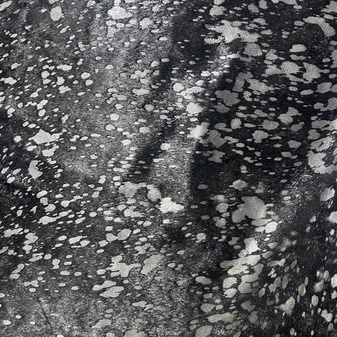 Dyed Black Cowhide Rug with Silver Acid Washed (1 patch) Size: 7.2x6.2 feet Z-217
