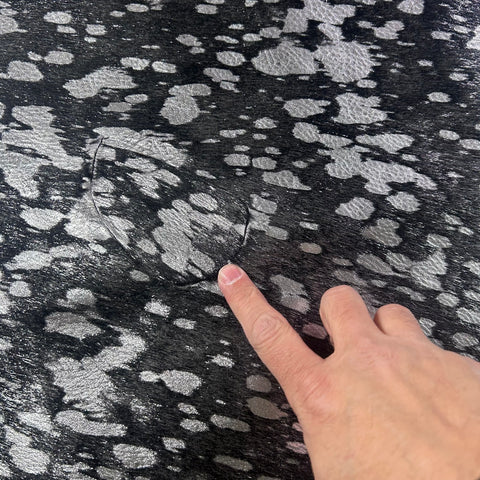 Dyed Black Cowhide Rug with Silver Acid Washed (1 patch) Size: 7.2x6.2 feet Z-217