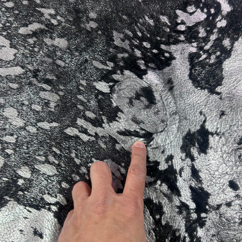 Dyed Black Cowhide Rug with Silver Acid Washed (1 patch) Size: 8x7 feet Z-219