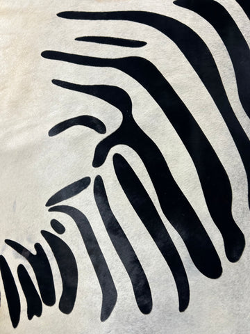 Zebra Print Cowhide Rug (background is light grey, not white/ neck has yellow lines) Size: 7x6 feet D-248