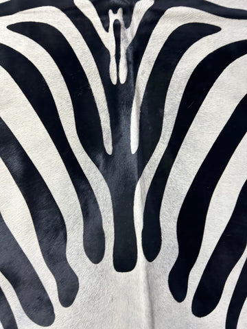 Zebra Print Cowhide Rug (background is light grey, not white/ neck has yellow lines) Size: 7x6 feet D-248