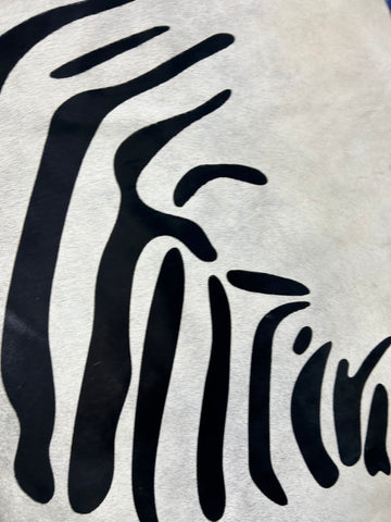 Zebra Print Cowhide Rug (background is light grey, not white/ neck has yellow lines) Size: 7x6 feet D-248