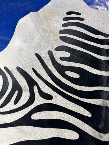 Zebra Print Cowhide Rug (background is light grey, not white/ neck has yellow lines) Size: 7x6 feet D-248