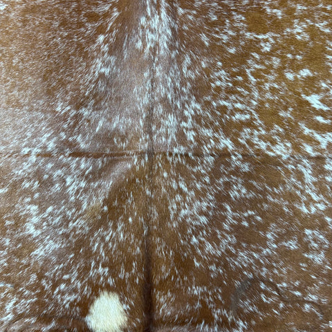 Brown & White Speckled Cowhide Rug (some fire brands and 1 patch) Size: 7.2x7 feet D-734