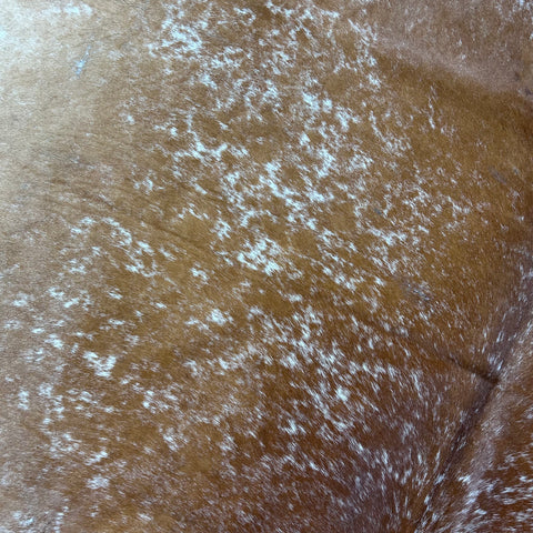 Brown & White Speckled Cowhide Rug (some fire brands and 1 patch) Size: 7.2x7 feet D-734