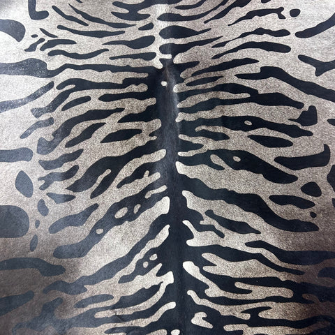 Tiger Print Cowhide Rug on Dark Grey Background Size: 7x6.5 feet Z-078