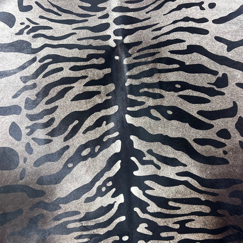 Tiger Print Cowhide Rug on Dark Grey Background Size: 7x6.5 feet Z-078