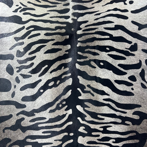Tiger Print Cowhide Rug on Dark Grey Background Size: 7.2x6 feet Z-079