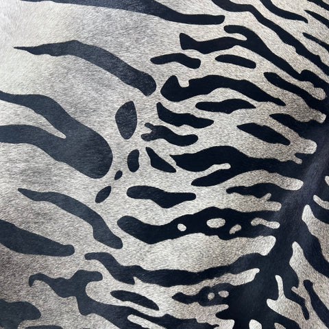 Tiger Print Cowhide Rug on Dark Grey Background Size: 7.2x6 feet Z-079