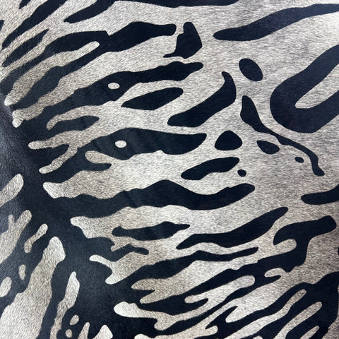 Tiger Print Cowhide Rug on Dark Grey Background Size: 7.2x6 feet Z-079