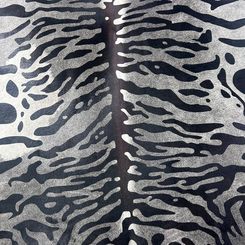 Tiger Print Cowhide Rug on Dark Grey Background (big light grey spot) Size: 8x7 feet Z-080