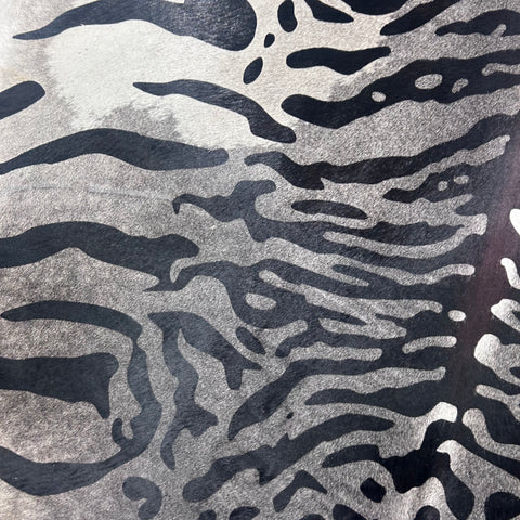 Tiger Print Cowhide Rug on Dark Grey Background (big light grey spot) Size: 8x7 feet Z-080