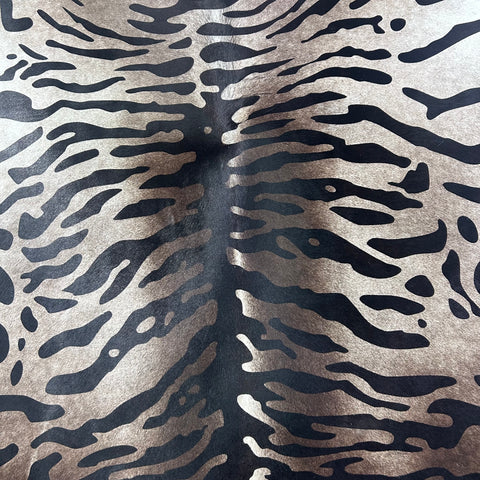 Tiger Print Cowhide Rug on Dark Grey Background  (a bit of brown mixed in) Size: 7.2x6.2 feet Z-081
