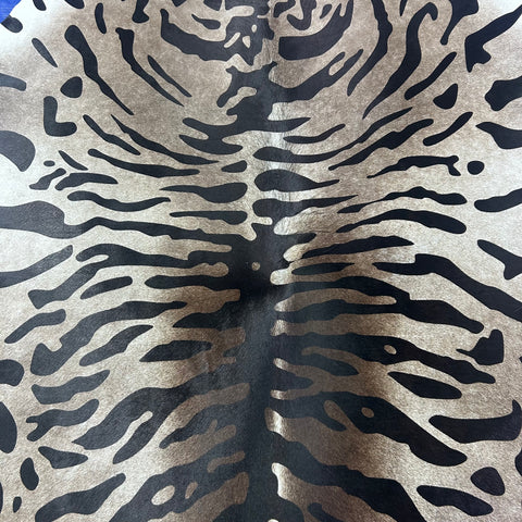 Tiger Print Cowhide Rug on Dark Grey Background  (a bit of brown mixed in) Size: 7.2x6.2 feet Z-081