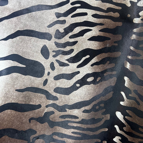 Tiger Print Cowhide Rug on Dark Grey Background  (a bit of brown mixed in) Size: 7.2x6.2 feet Z-081