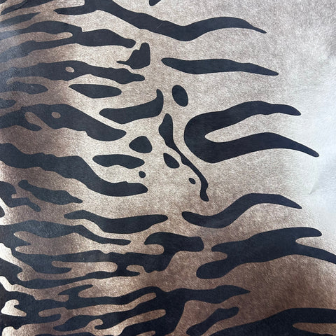 Tiger Print Cowhide Rug on Dark Grey Background  (a bit of brown mixed in) Size: 7.2x6.2 feet Z-081