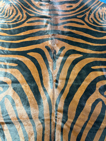 Reverse Zebra Print Cowhide Rug with Brown Stripes (some spots - see photos) Size: 7.2x7 feet D-290