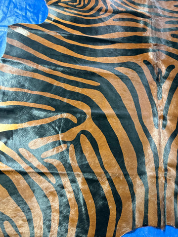 Reverse Zebra Print Cowhide Rug with Brown Stripes (some spots - see photos) Size: 7.2x7 feet D-290