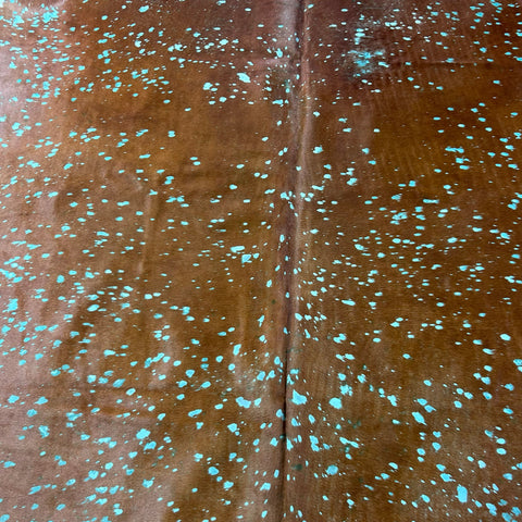 Brown Cowhide with Green Turquoise Acid Washed Cowhide Rug Size: 8x6.7 feet Z-240