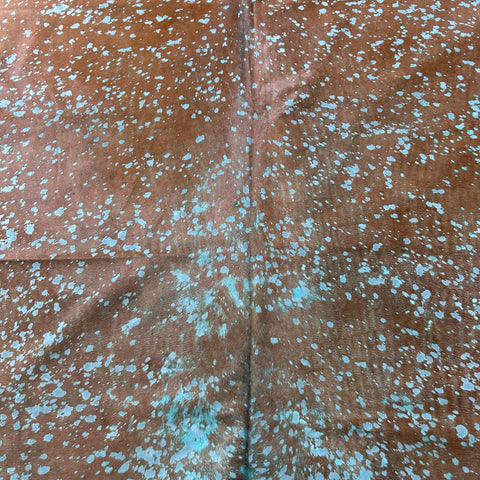 Brown Cowhide Rug with Green Turquoise Acid Washed Size: 9x7 feet Z-241