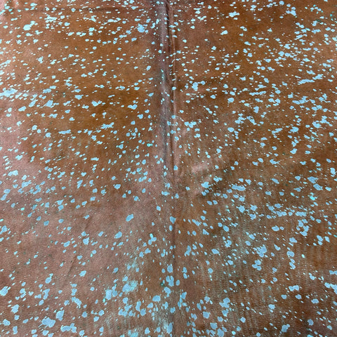 Brown Cowhide Rug with Green Turquoise Acid Washed Size: 9x7 feet Z-241