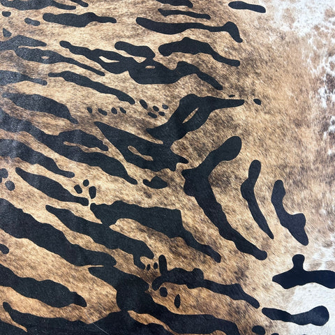 Tiger Print Cowhide Rug (with white belly) Size: 7.2x6.7 feet Y-088