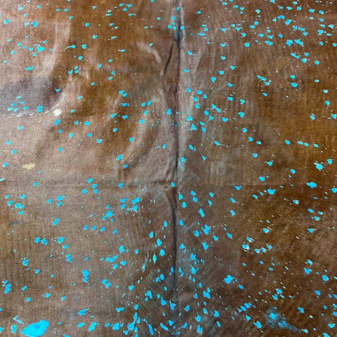 Brown Cowhide Rug with Blue Turquoise Acid Washed Size: 8x7 feet Z-242