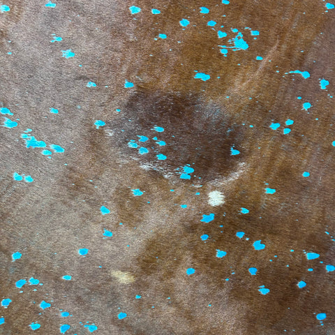 Brown Cowhide Rug with Blue Turquoise Acid Washed Size: 8x7 feet Z-242