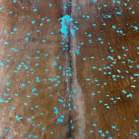Brown Cowhide Rug with Blue Turquoise Acid Washed Size: 8x7 feet Z-242