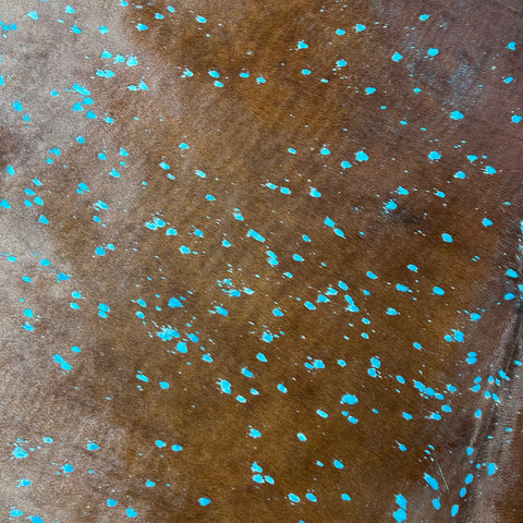 Brown Cowhide Rug with Blue Turquoise Acid Washed Size: 8x7 feet Z-242