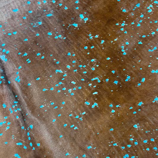 Brown Cowhide Rug with Blue Turquoise Acid Washed Size: 8x7 feet Z-242
