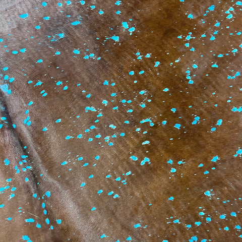 Brown Cowhide Rug with Blue Turquoise Acid Washed Size: 8x7 feet Z-242