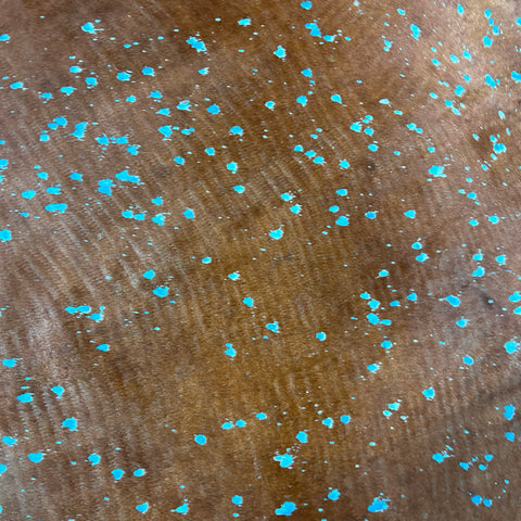 Brown Cowhide Rug with Blue Turquoise Acid Washed Size: 8x7 feet Z-242