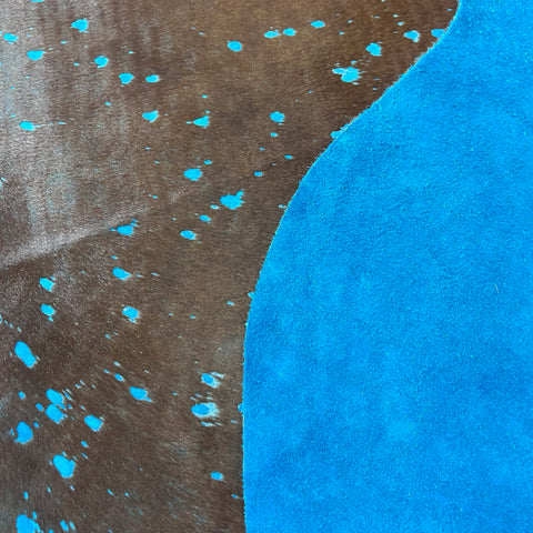 Brown Cowhide Rug with Blue Turquoise Acid Washed Size: 8x7 feet Z-242