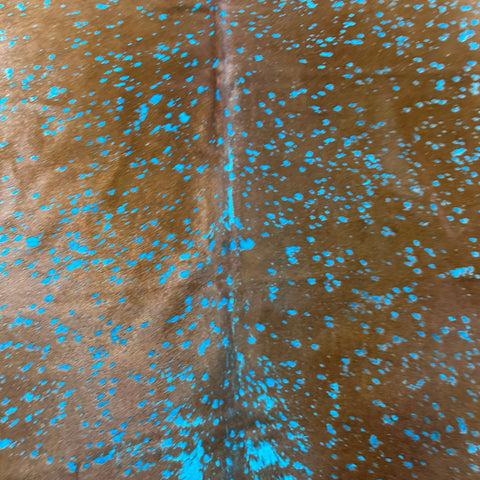 Brown Cowhide Rug with Blue Turquoise Acid Washed Size: 7x6 feet Z-243