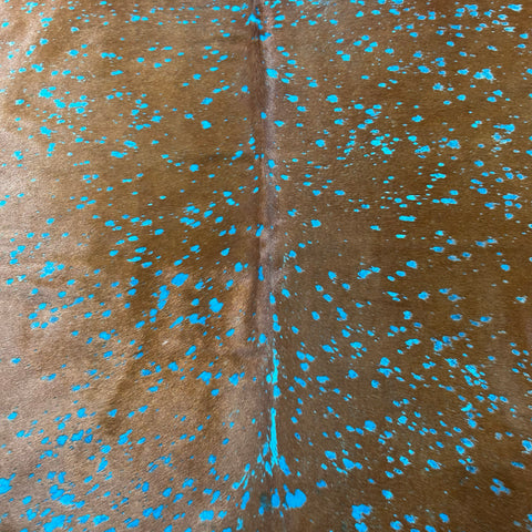 Brown Cowhide Rug with Blue Turquoise Acid Washed Size: 7x6 feet Z-243