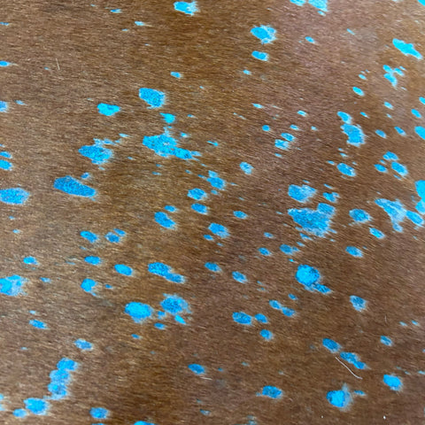 Brown Cowhide Rug with Blue Turquoise Acid Washed Size: 7x6 feet Z-243
