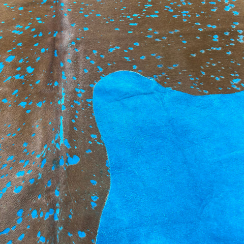 Brown Cowhide Rug with Blue Turquoise Acid Washed Size: 7x6 feet Z-243