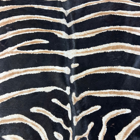 Dark Genuine Zebra Cowhide Rug (2 small patches + bald spot) Size: 6.3x5.5 feet D-773