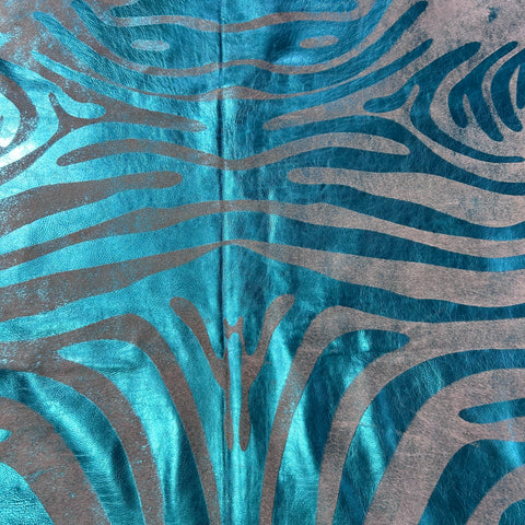 Turquoise Metallic Zebra Cowhide Rug Size: 7x6 feet J-114