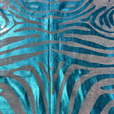 Turquoise Metallic Zebra Cowhide Rug Size: 7x6 feet J-114