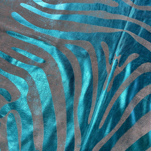 Turquoise Metallic Zebra Cowhide Rug Size: 7x6 feet J-114