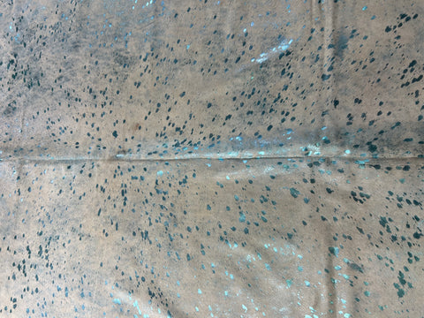 Turquoise Acid Washed Metallic Cowhide Rug (background is light beige) Size: 8x7 feet D-323