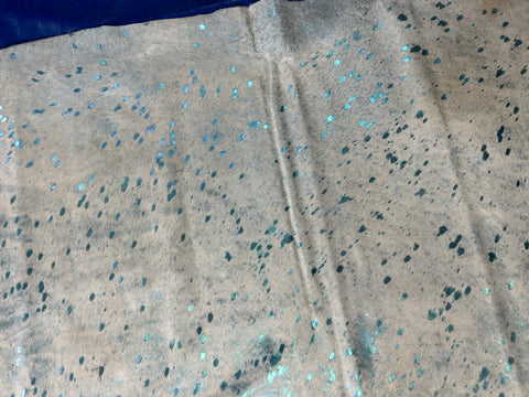 Turquoise Acid Washed Metallic Cowhide Rug (background is light beige) Size: 8x7 feet D-323