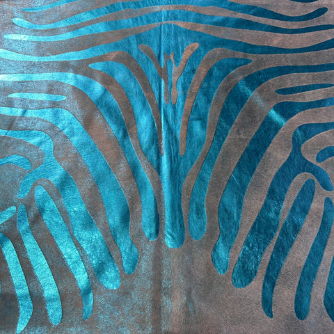 Turquoise Metallic Zebra Cowhide Rug Size: 7x6 feet J-115